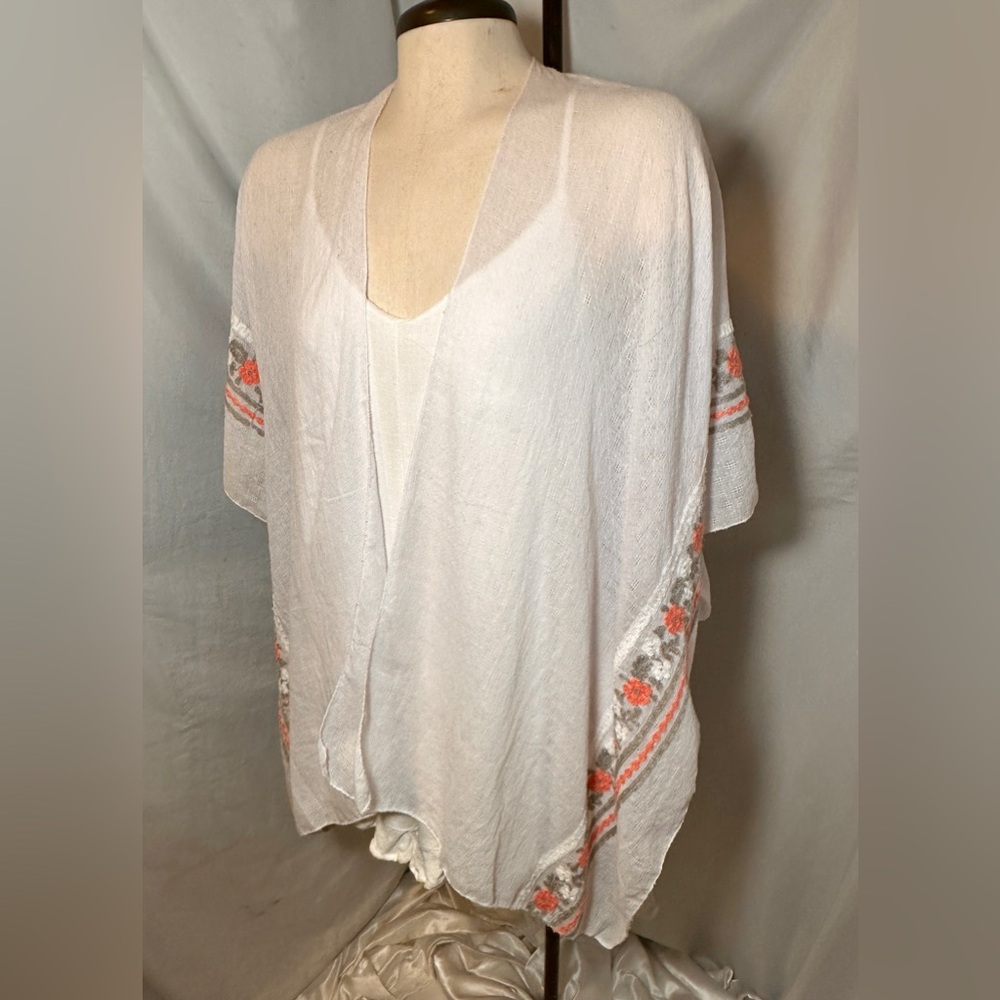 Boho Embroidered Kimono Wrap White Floral Shawl One Size
